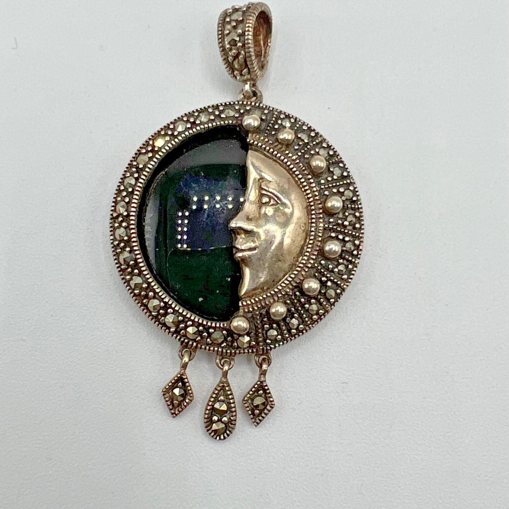 Vintage Sterling Silver Onyx Marcasite Moon Face Pendant